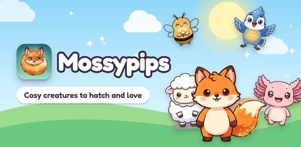 Mossypips: a fox, a lamb, an axolotl, a bee and a bluebird in a sunny meadow
