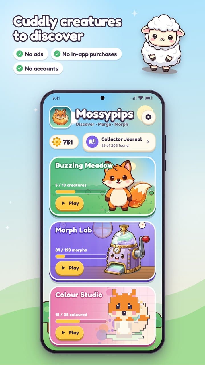The menu: the Buzzing Meadow, the Morph Lab and the Colour Studio. No ads, no in-app purchases, no accounts