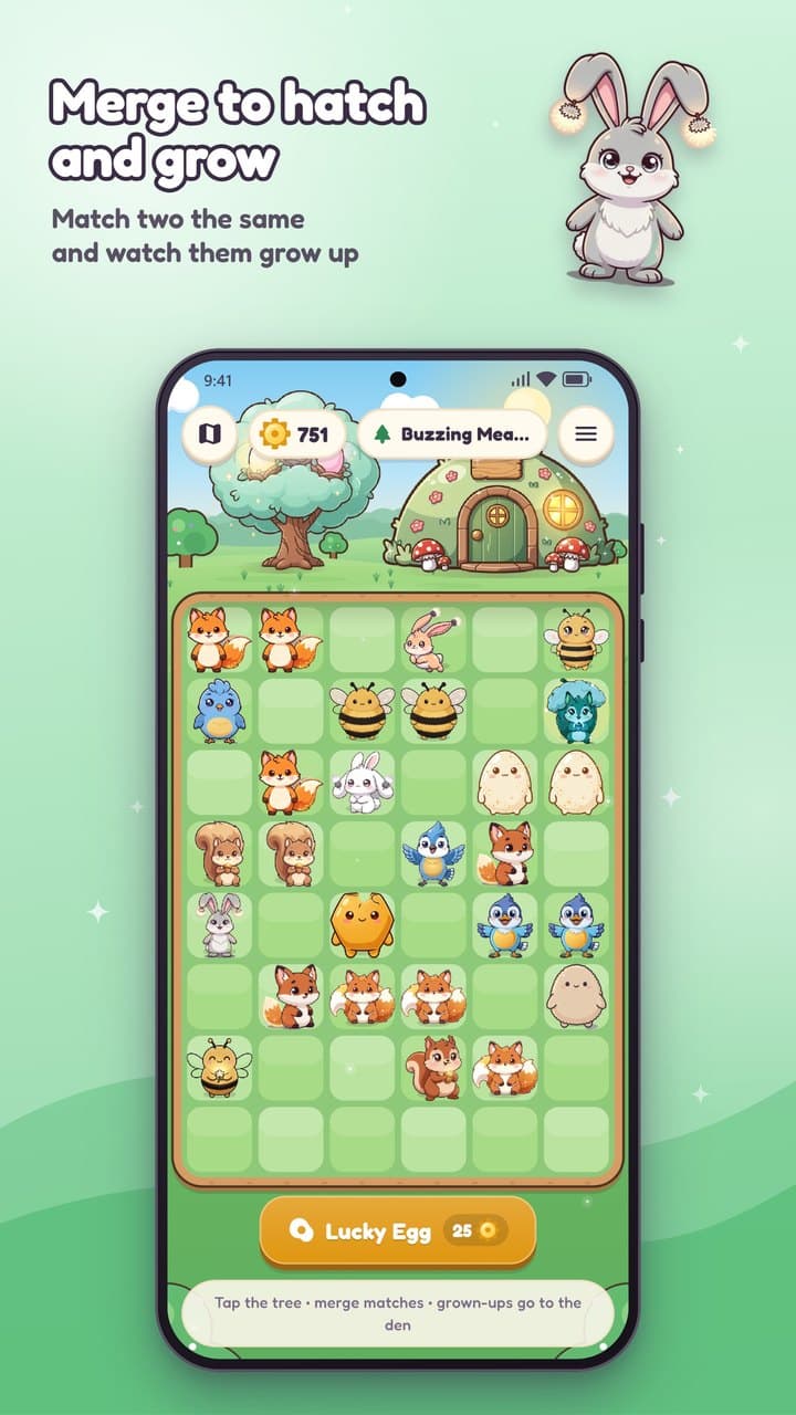 Merging creatures on the meadow board to hatch and grow them