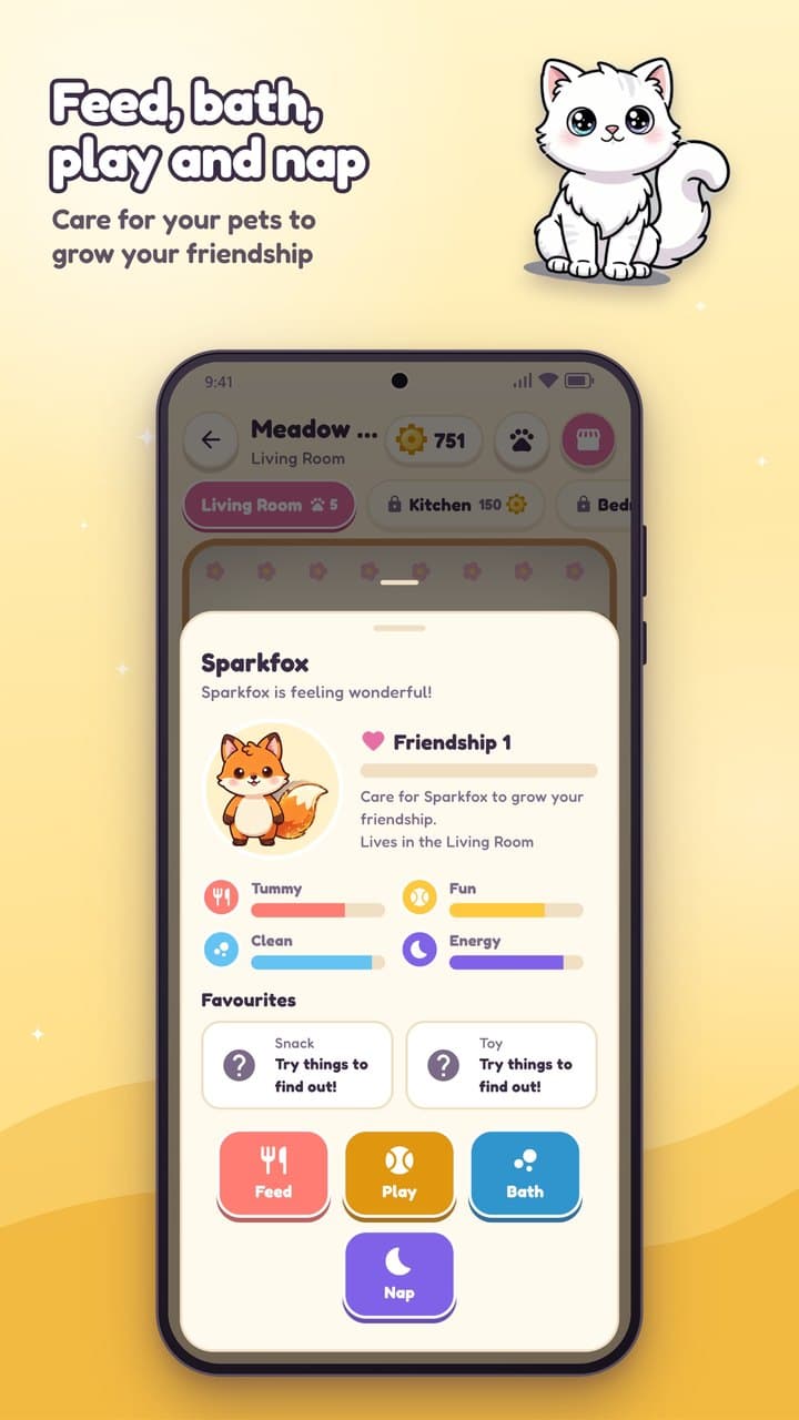 A pet’s card with Feed, Play, Bath and Nap buttons